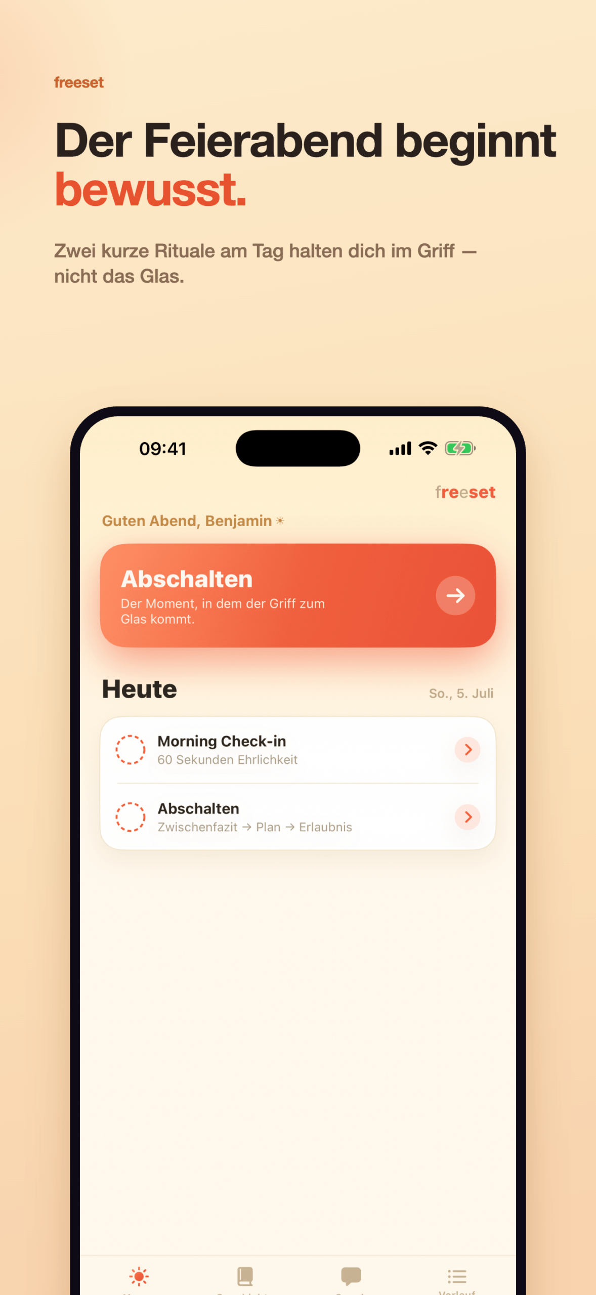 freeset Startbildschirm mit den täglichen Ritualen